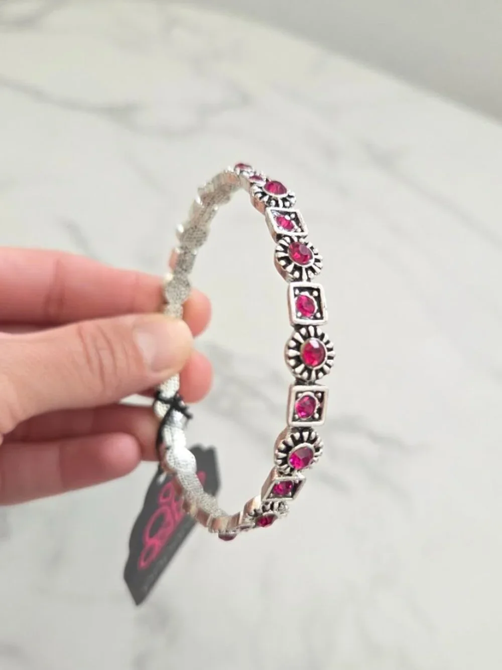 Paparazzi Pink Rhinestone Silver Bangle Bracelet NWT - Picture 2 of 7